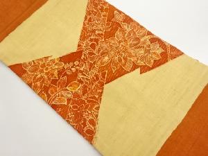 手織り紬型染花唐草に葉模様名古屋帯